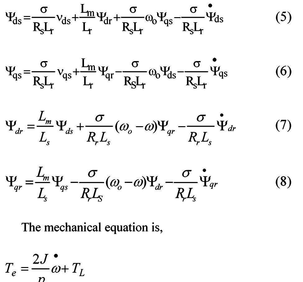 5.1 On-line Identification  . The equations governing the induction motor are nonlinear and can be divided into three parts: electrical, mechanical, and electro-mechanical[13]. The following equations represent the electrical dynamic equations, 