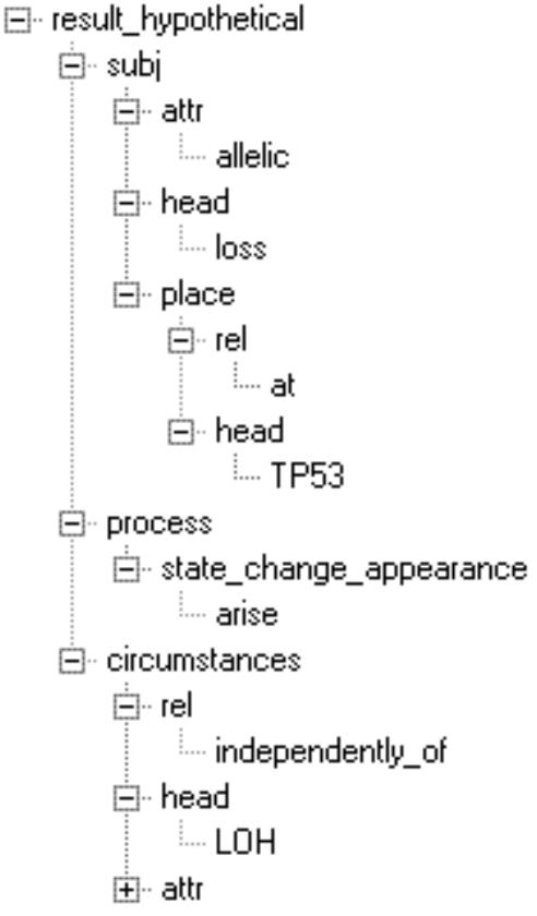 Fig. 7. The current format of the output from the information extraction procedure  thus implemented 1n an additional piece of code (in C7).  In Figure 7, we show the present format of the output from the information extrac- tion procedure. The relation/processes identified in a sentence are presented as a rela- tively simple graph, where the node “subj’(ect) refers to the biological entity actively involved in the process, nodes “obj’”(ect) or” prepobj(ect)” refer to other entities par- ticipating in the relations, and “circumstances” contain the information about place, conditions, etc., that may be of relevance. The main relation, including the circum-  stances, is presented to the user, and other circumstance nodes may be expanded by the Weer 