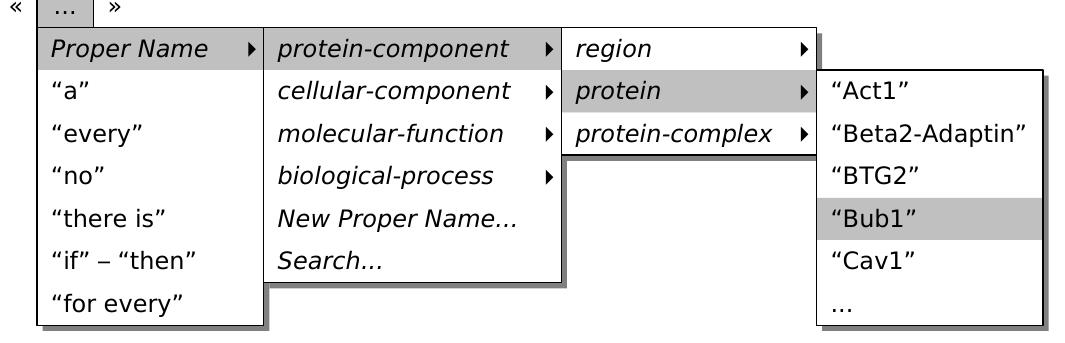 The quotes indicate the beginning and the end of the sentence and the box in the middle is used to create the content. If the user clicks on it, then a menu is displayed that shows the different options for beginning a sentence. Since we want to talk about the protein Bub1 we first insert ‘Bubl’ as a proper name. This looks as follows. 