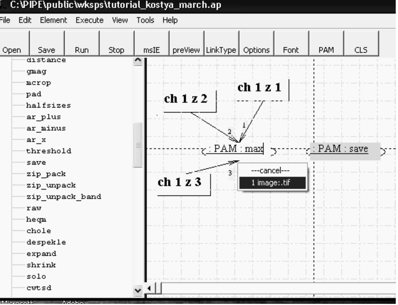 Fig. 2. Local user interface. The main window consists of two frames. The left one displays the list of available workflow modules on each server machine. The right bigger frame shows how to construct the workflow. We illustrate how to select the output port for the workflow module called as max. 