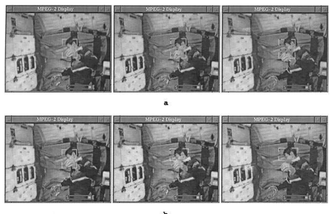 FIG. 22. VORTEX: Occlusion detection.  The third phase of simulations consisted of testing the occlusion detection capability  of VO  of occ  The p  of the motion and A the video sequence, as discussed separation of the mo  detection depicted in Fig. 22b (bo two rows represent images with tl illustrate the effect that occlusion detec  No  tion has on the tracking q  increasing and decreasing occlusion is determined by the way  threshold parameters are set. In general,  even though some of its area is partial  RTEX. A K-means clustering algorithm with K =2 was used for detection of the tracked and the occluding objects. The decision to accept two motion clusters as indicative usion or severe noise in the area of the object is done by considering the distance between the corresponding magnitudes and phases of the two cluster prototypes. For this purpose, we used a distance threshold in both magnitude and phase for the decision process. hase difference threshold parameter was set to 80° and the magnitude difference threshold parameter to 50%. Thus, if the two motion prototypes differ in motion direction by more than 80° and the relative difference in magnitudes is more than 50%, the algorithm decides in favor of two clusters as opposed to one. This in turn DA data in the reference picture(s) and in Section 5.2. The parame tion prototypes as well as the selection o are adjustable. The two image rows in Fig. 22 contain snaps algorithm without occlusion detection depicted in Fig. 22a (t op ttom row) fora video sequence. 1 he same index in the identica  triggers the reassessment  thus adjusts the tracking of ters that control the cluster f the correct motion cluster  ts of the operation of the row) and with occlusion The video snapshots in the  video sequence, in order to uality. The detection of both  the cluster- discriminating  itis acceptable that the object of interest be tracked  y occluded by another obj  ect. This situation occurs  in the case of increasing partial occlusion. Thus, for some interval of time, both objects are tracked together, with the occluding object covering some of the ADA area. However,  detection of decreasing occlusion and  separation of the target motion cluster is critical. 
