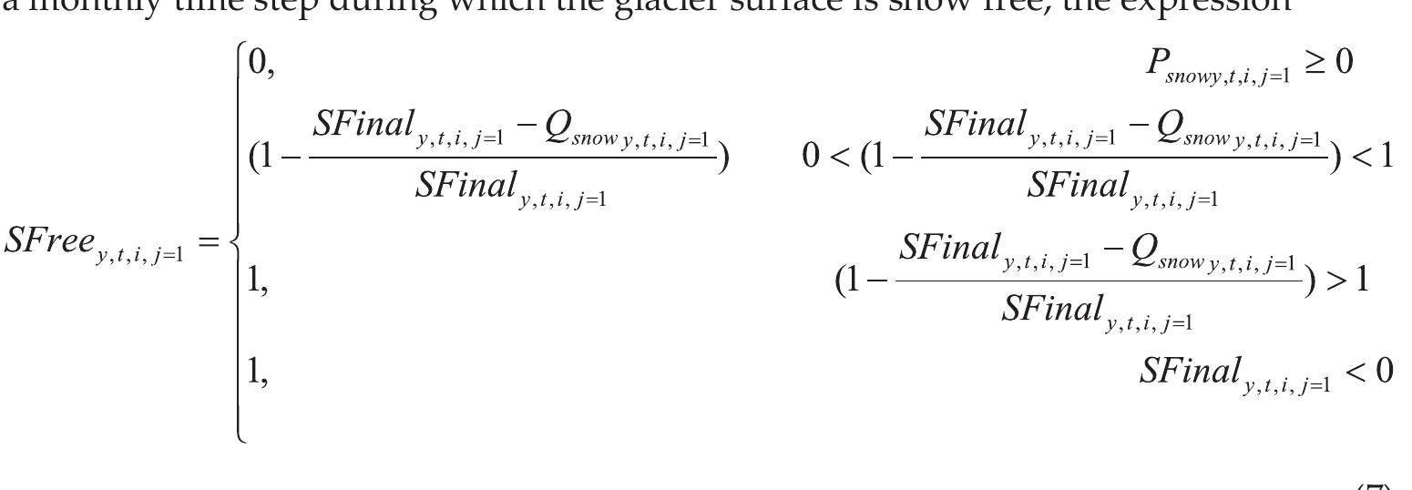 The preceding set of equations will be executed during each time step, t, to approxi- mate the contribution of melting snow on the surface of the glacier within a given band to surface flow in the catchment. During time steps, t, when SFree, , ; },-; is non-zero, an additional set of equations will be executed to estimate the contribution of melting gla- cier ice to surface flow in the ith catchment.  — OTLOUY ee ee ELS oe  T, constitutes a threshold value for conversion of liquid precipitation into snow that is defined by the user and may constitute a calibration parameter. According to (4c), for the first month of each hydrologic year the value of SInitial will be exclusively the value of P..ow,y,t1jcv Siven that at the end of the previous year snow either melted or was con- verted to ice. After the first time step of the water year, each month P.,.,w,,,1-1 18 defined as a function of the current temperature and the threshold temperature for converting  water to snow according to (4d). At the end af each monthly time cten the cnow-water eaiivalent accimiu lated on 
