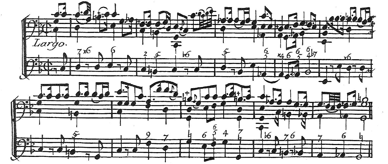 Example 4.104: Boismortier, Op.50, Sonata V [quarta], Largo. Location: page 18, systems 5-6.  Example 4.103: Boismortier, Op. 26, Sonata V, Adagio. Location: page 15, system 2. 