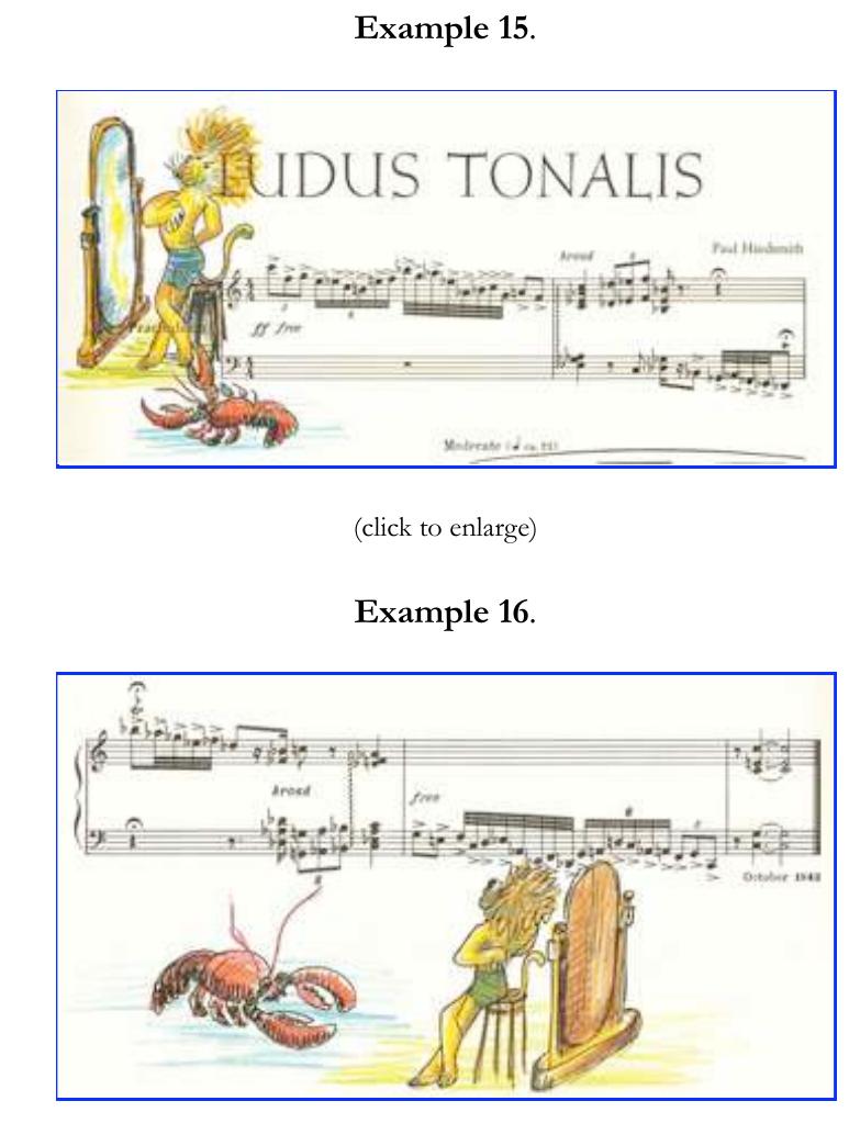 Ule MUsle ala aDOUl NOW it sHOUld DE Pperrormimned, 1 We boisterous “Fuga Secunda in G,’ Hindemith depicts lions celebrating, each wearing a different hat and in a different dancing posture. When the fugue subjects appear in sfreffo, as in measures 24—25, the lions hold hands, indicating that the performer should overlap the two entrances. Similarly, in measure 59, Hindemith illustrates a lion wearing a Turkish fez and standing on the bottom rung of a ladder, located at the subject entrance in the middle voice (see Example 14). The lion reappears in the subject entrance in measure 61, drinking a bottle of wine on the middle rung, and in  measure 63 he is shown at the top of the ladder, reeling  back and forth. In measure 65, he tumbles off the ladder, landing on his back when the subject enters in the bass in measure 6( He rolls onto his left side when the subject enters in the same voice in a new metrical position again halfway through measure 6§ and then onto his right side in measure 71. At the final entrance, in measure 73, the lion leaps away, casting the ladder asid behind him. Thus, the performer is invited to imagine the voice as “climbing” while it ascends by intervals of two semitones i measures 59-63, and then as “falling” down to the bass in measure 65, where it “rests” on the same tone (G) for the next thre entrances, “rolling” between different parts of the meter, until it “leaps” away with the closing gesture of the piece. These sets o images interact as a type of playful counterpoint to the musical tones, seeming to demonstrate how the music works throug  their costumes and gestures. 32) The ludic interaction between music and image perfectly embodies the wordplay of the origin:  (click to enlarge)  Latin title, as well as the light-hearted humor yet serious theoretical purpose of Ludus Tonalis. 3)   [34] Later in his career, Hindemith began to recognize that these types of visual games could entirely supplant the traditional compositional process, replacing musical creativity with what he saw as superficial notational games derived from visual rather than musical relationships. 65) In A Composers World, reflecting once again upon pedagogy in the chapter entitled “Education,”  Hindemith wrote derisively about the student composer who is duped into thinking he has written a composition simply by the  impressive visual appearance of a fully notated score:  [T]he further creative inclination of a youth inexperienced in practical music normally is the desire to express himself in some way or another. The ordinary urge to put something on paper is most readily attracted by notation symbols. Their being distinctly remote from the banalities of written language symbols, the widespread talismanic belief that by some power of their own they may turn from a vague conception into a work of art, and finally the pictorial satisfaction they give to people otherwise lacking the gift of drawing or painting—all these  factors make the writing of notation symbols, following some self-imposed rules of combination, the ideal 