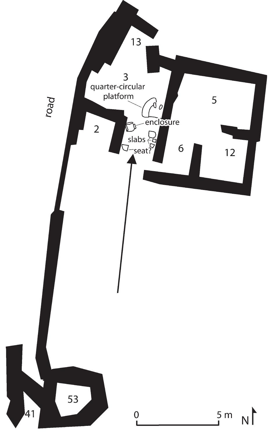 Fig. 10. Plan of the House with the Snake Tube at Kommos in LM HIB (modified from Shaw and Shaw 1996, pl. 3.112).  of it, a stand consisting of two upright slabs, roughly pointed at their tops, framing horizontal slabs laid in three courses. The interior of this closet-like structure is paved, and two stone tools and a knife blade were found in it. There was also a large slab in the south- west corner of the room that rested on top of several smaller stones. This may have served as a seat. Beneath it were found two worked stones: a pierced cobble and a large whetstone. Immediately to the north were found the feet of two goblets. In the northwest cor- ner was a rough enclosure—comprising three upright slabs framing a large flat slab resting on the floor— which contained a brazier without traces of burning. Just south of this was found a coarse bowl and to the 