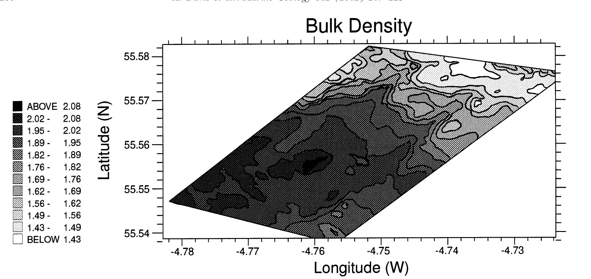 Fig. 7. Map showing acoustically derived bulk density (g/cm) distribution, Clyde Sea study site. 