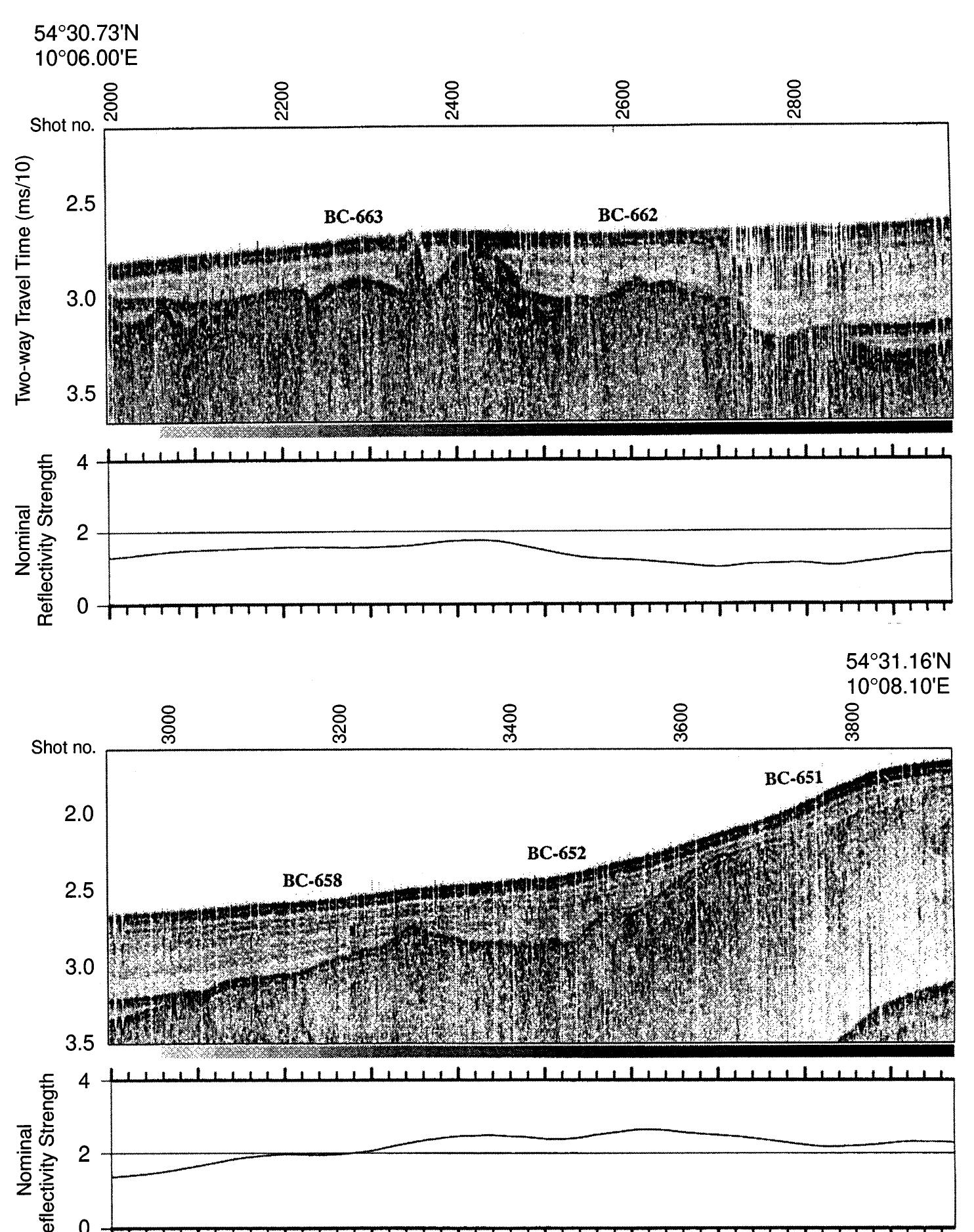 Fig. 9. Sub-bottom profiles and profiles of surficial sediment reflectivity strength along the southern Baltic Sea test line. 