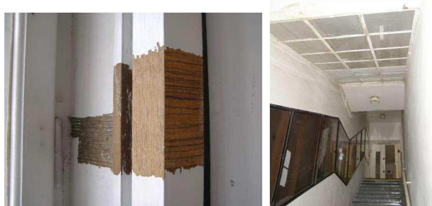 Fig. 5. Restorational research. Left: soundings — veneer applied to window frames. Right: Entrance and stairs with skylight. Photo: Grufiova, 2016.  The walls were covered with quality terracotta colored wallpaper (lately painted in the same color tone) that was glued also to parts of the ceiling. Area has the very carefully handled seams of the each wallpaper strip. From the each corner of the office seam goes diagonally at precise 45 degree angle. The gap was almost invisible - only a soft texture and color variation of the wallpaper shows direction of gluing. 
