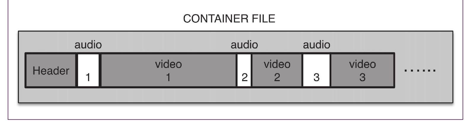 Figure 6 Container file  There is considerable flexibility in the choice of container format, video format and audio for- mat. For example, an MP4 file can contain video formats such as MPEG-2, MPEG-4, H.264 or H.265 and audio formats including MP3, AAC and others. 