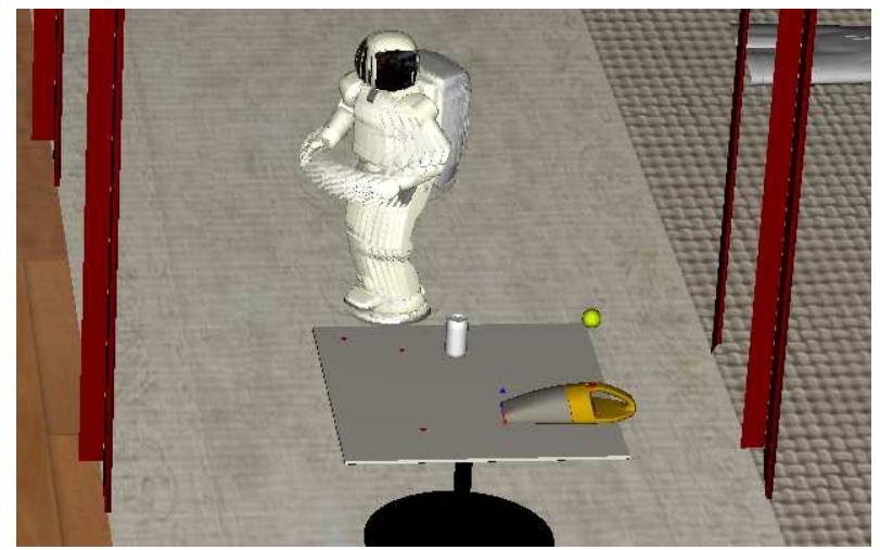 the fixate program and the eye movements element accom- plish the same task, that of looking at a specific location.  Fig. 5. Depiction of the action of the fixate program; the simulated robot is commanded to focus on the vacuum. The robot turns on its base while simultaneously orienting its head. 