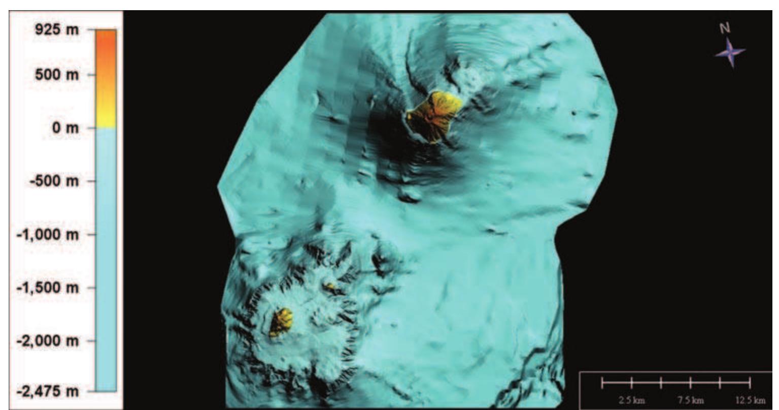 Fig. 13.11 DTM of the Panarea and Stromboli volcanoes. The DTMs are at 2.5-m and 5-m grid size at Panarea and Stromboli respectively. Local bathymetry in the area surrounding the Panarea archipelago (the islets of Panarelli, Dattilo, Lisca Nera, Bottaro, and Lisca Bianca) is at  0.5-m grid size, while regional bathymetry is at 10-m grid size. 