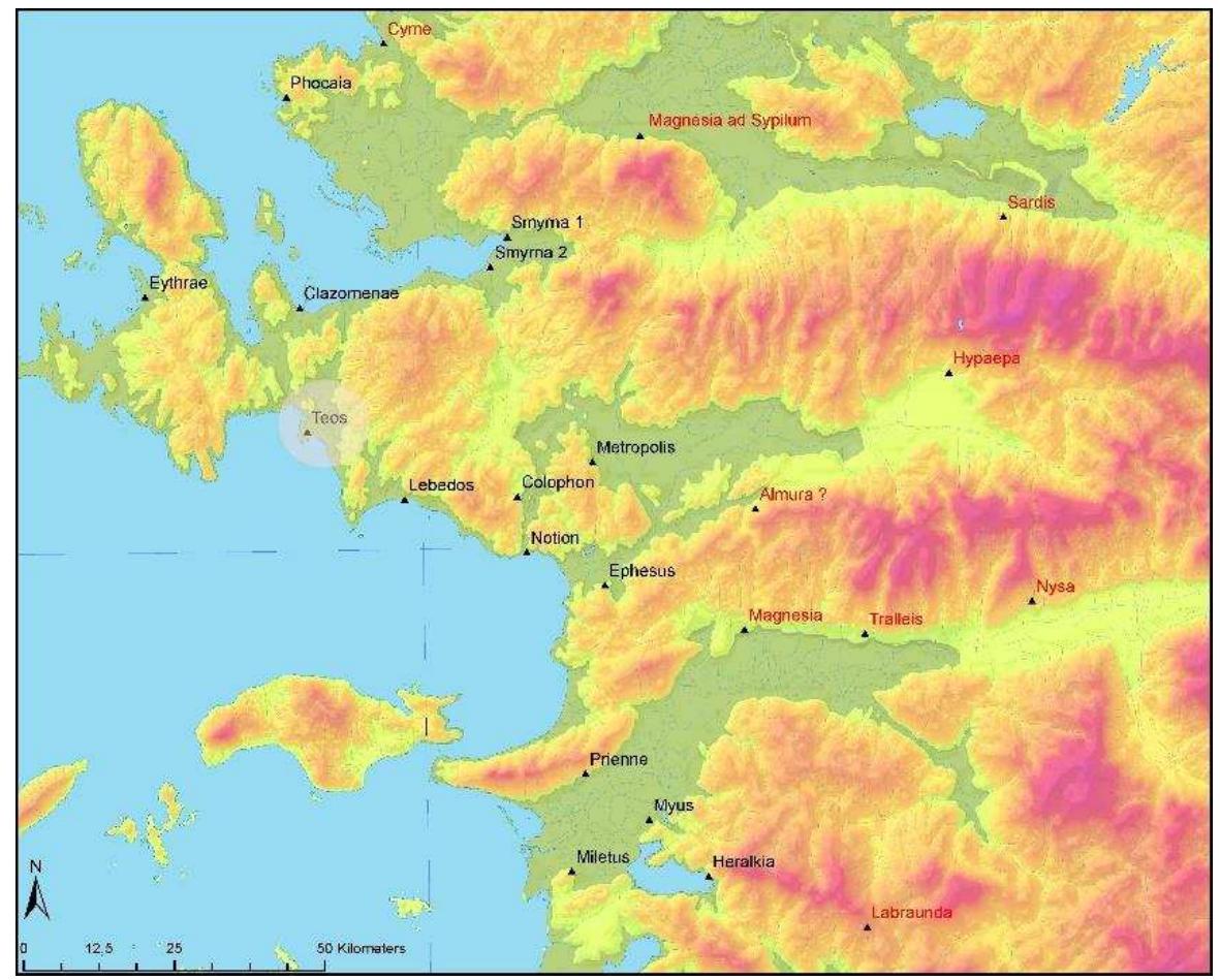 Teos, one of the twelve Ionian cities, was first studied by the English Society of Dilettanti in the 19 ® century, then, by the French in 1924 and later, between 1962 and 1966, by Yusuf Boysal and Baki Odiin, members of the Faculty of Letters of Ankara University. Between 1980 and 1992 architect D. Mustafa Uz, conducted limited soundings in the sacred area of Dionysus Temple and the Archaic Temple. Numan Tuna of the Middle East Technical University also carried out brief surveys between 1993 and 1996. Since 2010, Prof. Musa Kadioglu from the University of Ankara, Faculty of Languages, History and Geography, Classical Archaeology Department, has been conducting archaeological excavations and restorations at the site.   Figure 1- The Ionia Map (commons.wikimedia.org) 