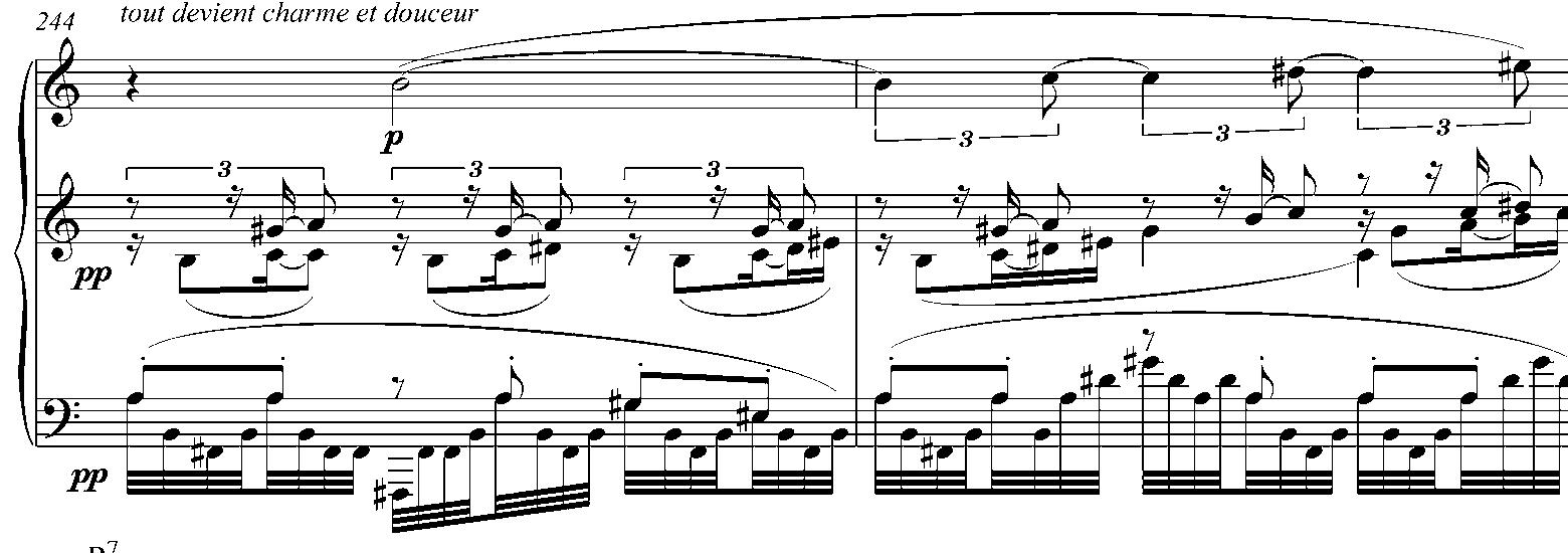 Example 10 Skryabin, Sonata no. 6, bars 244-5.  piVViIttts LIddoli©s Ul CIAGVUUTALE UICTIIAUL ValliallOll Lil illo VYLALIIIL LUCaPIUIAUU TI,  A more significant departure from the exposition occurs in the reorganized transition section of the recapitulation. Whereas the transition’s function in the recapitulation is generally to preserve the tonic key between the first and second theme groups, this example operates as a homecoming that returns us to the tonic. The new transition also carries struc- tural weight, as the climax of the work is articulated here in the space between the two themes as a kind of secondary development. This apex is, however, rather subdued, charged by the cumulative effect of ostinatos. 