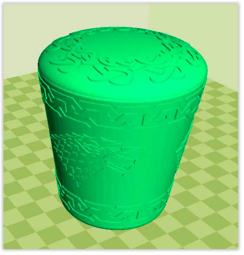 Figure 1. Cura rendering of details of freely available design of a Game of Thrones dice cup. 