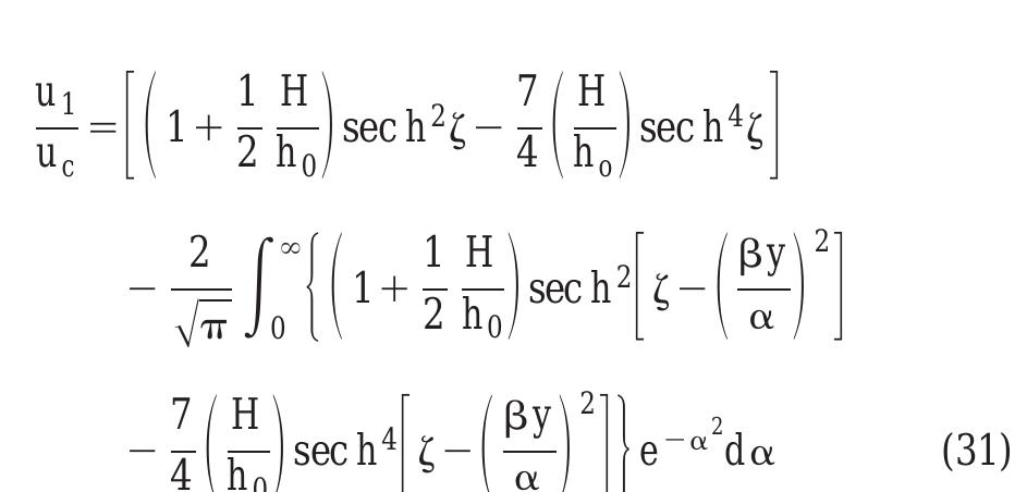 This velocity profile matches the outer boundary condition to a second-order accuracy. Figs. 9 and 10 show a comparison of the numerical and analytical results for the horizontal velocity pro- files within the boundary layer induced by a solitary wave of H,/hy=0.15 and H,/h )=0.30, respectively. At H,/h j=0.15 there is a close agreement between the numerical results and the analytical results given by Eq. (31). However, at H;/h y=0.30 the numerical results do not match the analytical results very well at the phase indicated by the asterisk. This discrepancy between the numerical and analytical results is due to neglecting the third order term for the bottom velocity, which becomes very important at higher H;/h,) values. The results obtained from Eq. (31) are more accurate than those from Eq. (30) at higher H; /h, values.  