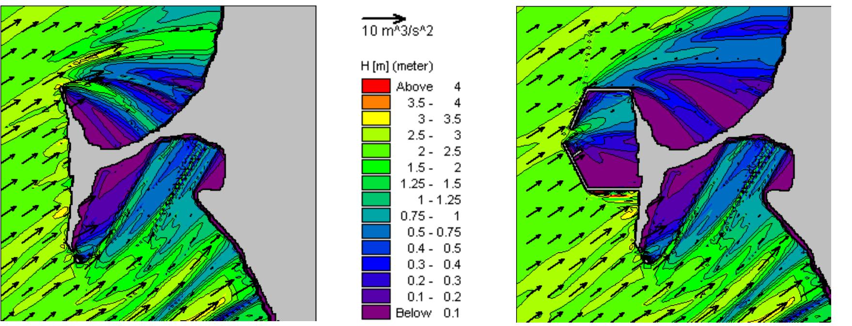 Figure 9. PMS wave transformation modeling result for SE wave direction around the natural reef for both cases of including and excluding port layout.  modeling. For calculation of wave motion outside the boundary layer, the semi-empirical Doering and Bowen (1995) approach was incorporated which is valid for all depths and both breaking and non- breaking types of waves. Moreover, the effect of streaming was taken into account by including convective terms in the solution method. The bed concentration was determined by a deterministic approach in all of the simulations. As per other parameters, the default values recommended by LITPACK model were employed. Sediment roses obtained for five sample points are presented in Fig. 10, indicating most dominant transport direction being from South-Easterly sector. 