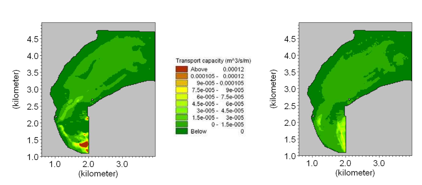 Figure 15. Transport capacity rates for flood (right) and ebb (left) cases.  CONCLUSIONS 