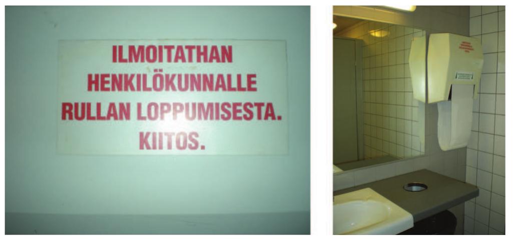 instructions, probably because my topic was Finnish language learning. Moreover, Kifibin also changed his practices at work. He told me that he began to be more aware of the Finnish resources in the environment. To locate he relevant social actions for the research problem, I asked him to tell me about meaningful opportunities he had for language learning and to take pictures of he meaningful learning situations in the workplace. In consequence, he started o take more notice of the texts surrounding him when he cleaned. In figure 2, here is a picture he took — a sign that says: “Please inform the staff if the roll runs out”. The context (a picture taken by the researcher) is presented beside it: he text is on a roll towel dispenser in a restroom.   ample 5. Interview with Kifibin, at the end of the fieldwork (in English)  fibin:  this one I took it from, from that toilet in a hall. from this hand machine. hand paper machine. and then, basically I was also inter- ested in the sentence phrase. like if you are being polite, ilmoi- tathan. [please inform]. then, mistd [elative case] like henkildkunnalle [to the staff; the word is in the allative case] — and then, lullan loppumisesta [about the roll running out; the words are in the elative case]. like mistd [elative case]. like what topic are you talking about. 