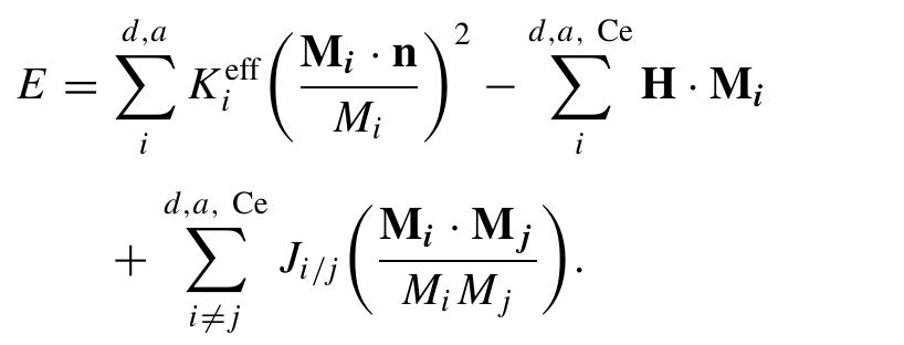 In order to find an explanation for this unconventional behavior, the XMCD loops were interpreted through numerical simulations performed using a phenomenological model. The model incorporates as inputs the normalized values of the XMCD loops, in which the Fe spins of d sites Mg are antiferromagnetically coupled (via superexchange) to those at a sites M, as well as to the Ce?+ spins in the c sites Mce. We assume that the magnetic energy density E for H applied along the out-of-plane direction to the film surface is given by   The first term in Eq. (5) represents the in-plane magnetic anisotropies of Mg and M, (where the effective anisotropy constants KS" and K° result from the shape and any other anisotropy contributions and the unit vector n gives the out-of- plane direction). The second term adds the Zeeman energies of all magnetic contributions, whereas the last term takes into account all the effective coupling energies parameterized by the Jj/; constants, representing the interaction between i and j Sites. Since the Ce*+ ions have small magnetic moments (see Table I), we have assumed that the Ce*+ anisotropy is negligible. The values of the magnetizations of each sublattice at any value of H are obtained by minimizing E with respect to the equilibrium states of Mg, Ma, and Mce. More details on the energy minimization procedure employed here can be found in Refs. [47,48] and the references therein. 