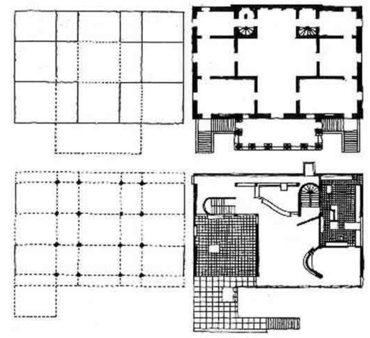 Figure 5.3: The similarities between the Villa Stein and Villa Malcontenta, first described by Rowe [1982].  show a greater amount of asymmetry than the architecture preceding them. This  can be seen as a natural evolutionary In the GL-system code that was used  instruct the Turtle to reverse its direc  step, if the biological metaphor is applied. in Chapter 3, the symbol ‘|’ was used to  tion and mirror its movements for turning.  The problem with representing genoty  pes this way (or with the palindrome gram-  mar) is that this symbol is followed rigidly, with no chance of it ever deviating  from creating an exact mirror. It is desirable that the plans stay symmetrical for  a large period of the evolutionary process and only after a lengthy period, lose  their symmetry. 