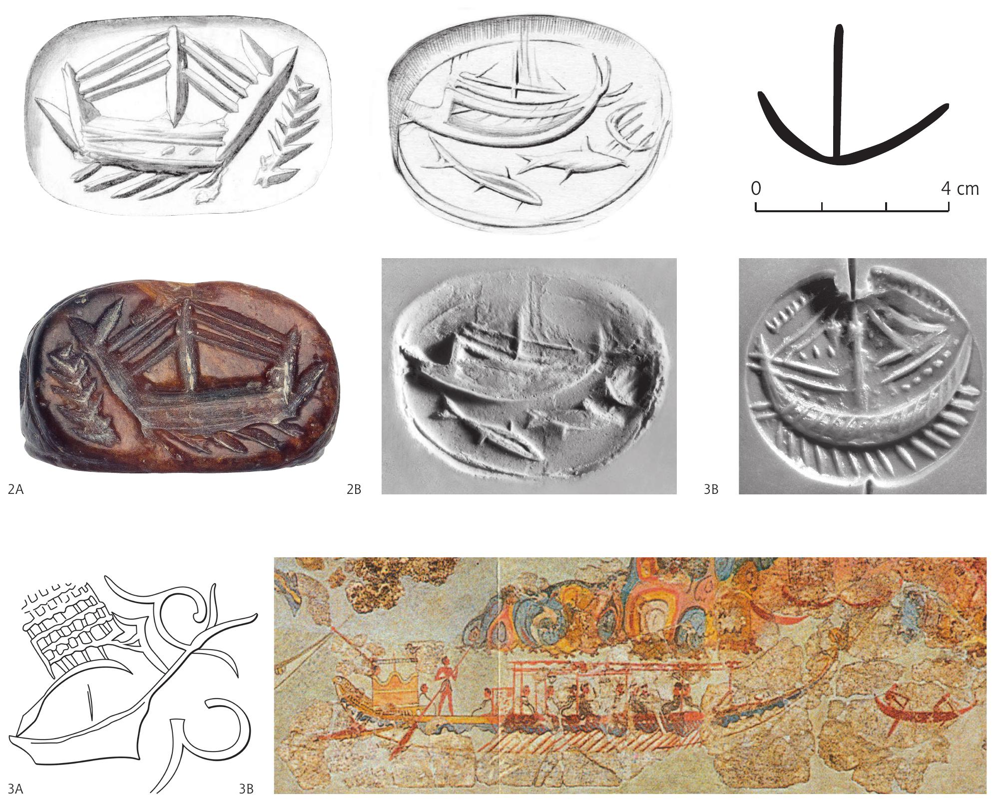 Figure 2A: Ship of Type B1 engraved on Middle Minoan II steatite seal from Andromyloi, East Crete, L = 1.7 cm, and drawing of seal impression (SK 588; photo: Archaeological Museum of Heraklion, Hellenic Ministry of Culture and Sports — Archaeological Receipts Fund; drawing courtesy of the Corpus der Minoischen und Mykenischen Siegel, Heidelberg; CMS 1|.2.276b) 