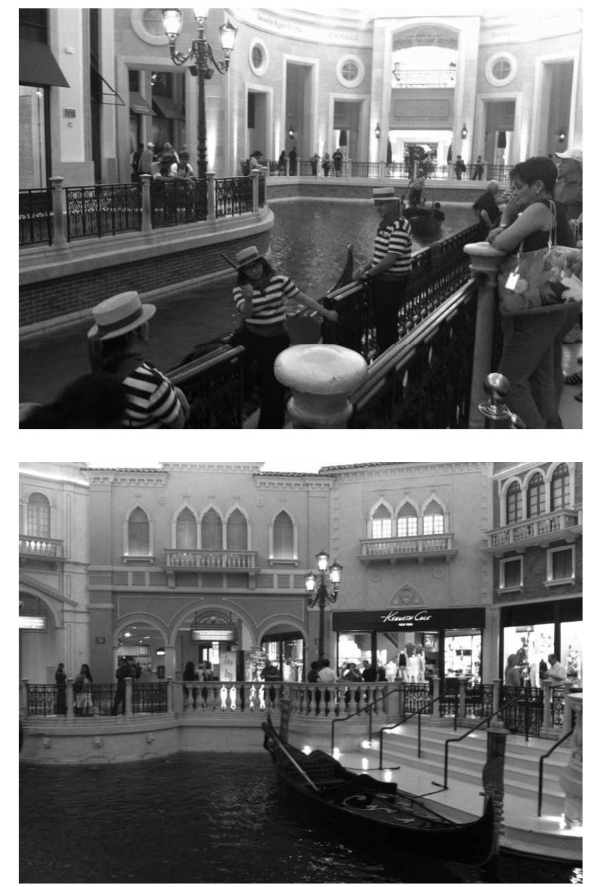 Here the canals are the nice “view” that accompanies your shopping, your eating out, your gambling, and, why not, your sexual adventures: exactly as in the real Venice.  Fig. 8-9 Gondolas and canals at the Venetian, Las Vegas (photos by Marxiano Melotti) 