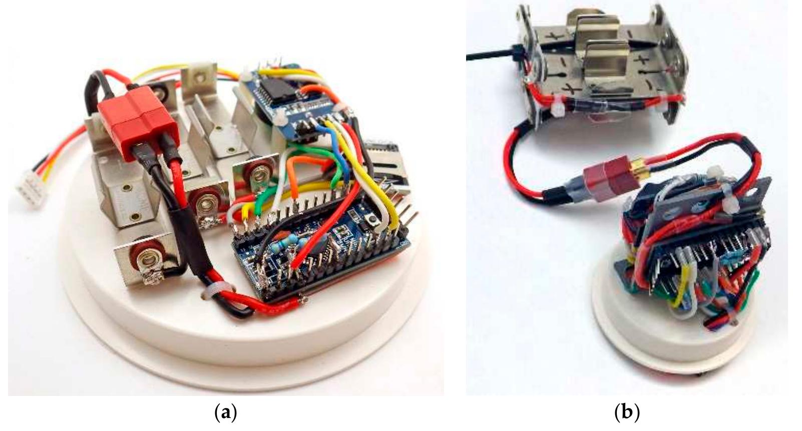 Figure 4. Alternative physical arrangements of the same electronic components: (a) Surface logger configuration: components are mounted ona 4 inch ABS knockout cap with double sided tape. The RTC board is supported by 12 mm M2 nylon standoffs. (b) Submersible logger configuration: components are re-arranged to fit inside a 2 inch diameter pipe housing. Double-sided tape attaches the modules to an L bracket made from thin ABS plastic that is solvent welded to a 2 inch knockout cap. Wires pass through holes in the bracket to connect components on opposite sides. The battery pack shown has two banks of 3 x AA batteries in series, which are isolated from each other with Shottky diodes.  Table Al). Assembly time is 5-10 h depending on the complexity of the housing (and complete curing of the potting epoxy requires 2-3 days). Detailed assembly instructions for a 4 inch surface logger platform are posted—and regularly updated—on the Cave Pearl Project blog [15].  configuration: components are mounted on a 4 inch ABS knockout cap with double sided tape. The RTC 