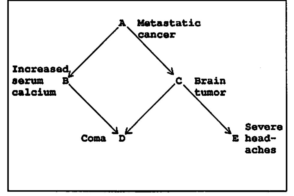 Figure 2-1: An example Bayesian belief network  We shall illustrate this scheme with a simple example, borrowed from (3) via (16):  “Metastatic cancer Is a possible cause of a brain tumor, and is also an explanation for Increased total serum calcium. tn turn either of these could explain a patient falling into acoma. Severe headache Is also possibly associated with a brain tumor.”  This information about qualitative dependences is represented by the Bayesian netwe in Figure 2-1. Note that it is multiply connected, having a single cycle, A,B,C,D.  in this example we will assume for simplicity that all five variables are logical propositions Jenoting the presence or absence of each disease or symptom. Uppercase letters, such as A, will be used to represent random logical variables, which can take values true or false, represented by the corresponding lowercase letters, a and 2. 