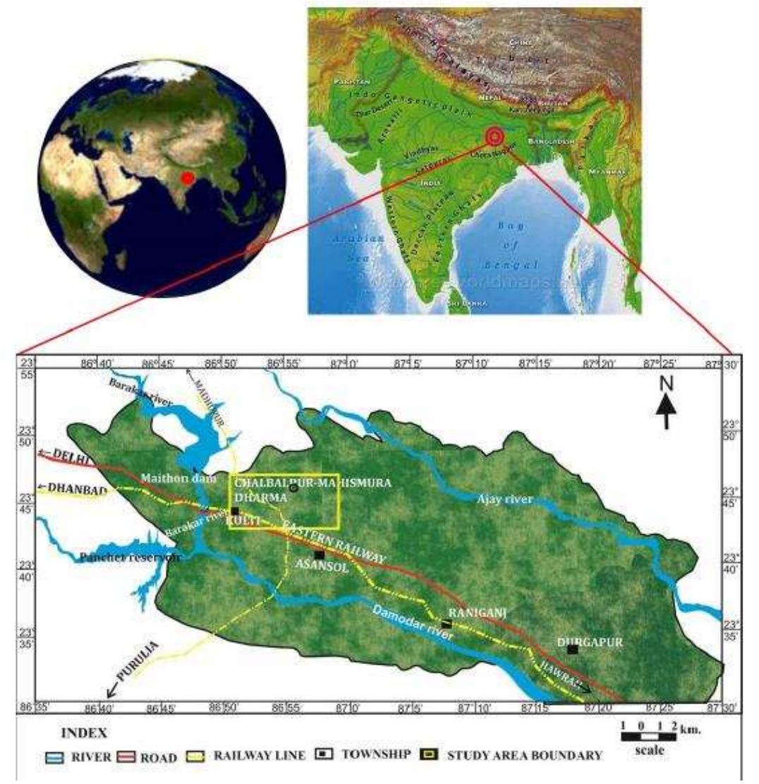 Figure 1 Map of Study area, Raniganj Coal Field, India  2. Geological Setting  The Gondwana basins in India are intra- cratonic in nature, surrounded by Pre- Cambrian terrains, correspondingly occur as separate outliers along the three major directions: (1) Son—Narmada and Damodar— Koel Valley, running East-West, (2) Son—Mahanadi Valley, with a NW-SE trend, and (3) Pranhita—Godavari Valley, which trends in a NNW-SSE direction. The Gondwana successions of Damodar Basin in peninsular India accumulated in a number of discrete sub-basins during the Permo-Triassic period. The belt of Gondwana basins lies within the Chotanagpur Granite Gneiss belt and the main sub-basins are Hutar, Auranga, Karanpura, Bokaro, Jharia and Raniganj [3,4,6]. They have faunal and floral characteristics similar to the equivalent strata of South America, South A frica, Australia and Antarctica [8, 9]. Raniganj field is the easternmost depository within the Damodar Basin, a typical half-grabben type E-W trending and westerly plunging synform. Depositional environment of the field is mainly terrestrial (fluvial and lacustrine) with local marine transgressions during the Sakmarian —Artinskian period [9,16]. The litho- stratigraphy of the field is presented in table 1. The stratigraphy is signified by Talchir Formation (glaciogenic) of early Permian age at the base, overlying the Pre- Cambrian metamorphic rocks unconformably. The Barakar and Raniganj Formations are overlaying the Talchir deposits. The Barakar Formation is characterized by conglomerate, light grey to light yellowish/ brownish, gritty to pebbly, arkosic to sub-arkosic, cross-bedded sandstone and siltstone, interbedded with grey/black shale and thick coal seams [8, 9]. The Barren Measures Formation is sandwiched between Barakar and Raniganj Formation, fluvial—lacustrine origin and devoid of coal [16]. The alluvial deposit of the Panchet Formation is also barren of coal and it overlies the Raniganj Formation. The Barren Measures of Permian age is recognized as the shale gas prospective horizon based on thickness (>1000m), areal extent and higher content (>2%) of organic matter [8]. Thickness of Barren Measures Formation ranges from 91m to 330m in the study area. However, thickness is more (750-850m) towards the southern margin as compared to the northern margin and best developed >1000m) in the depressions (Durgapur and Raniganj Depressions) of Raniganj field (ONGC 2010). This paper  describes the organic richness, kerogen type, gas generation potential and thermal maturity as well as the reeanznir nrnnartiec nf Rarran Maacirac anf Ranigqani fiald in Burdwan dictict af Wact Rangal  