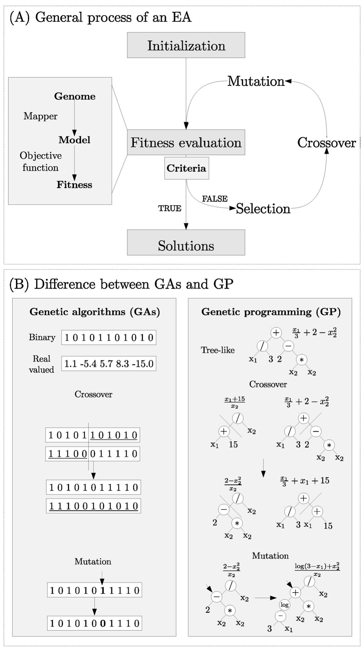 Fig. 2. General process of iterating a number of chromosomes in an EA with a number of operators (panel A), and the difference between GAs and GP (panel B). The scheme in the upper panel is applicable for both GAs and GP, for which the encoding and way the operators are implemented differ (lower left and right pane respectively). + = plus operator, — = minus operator, * = multiplication operator, / = division operator. 