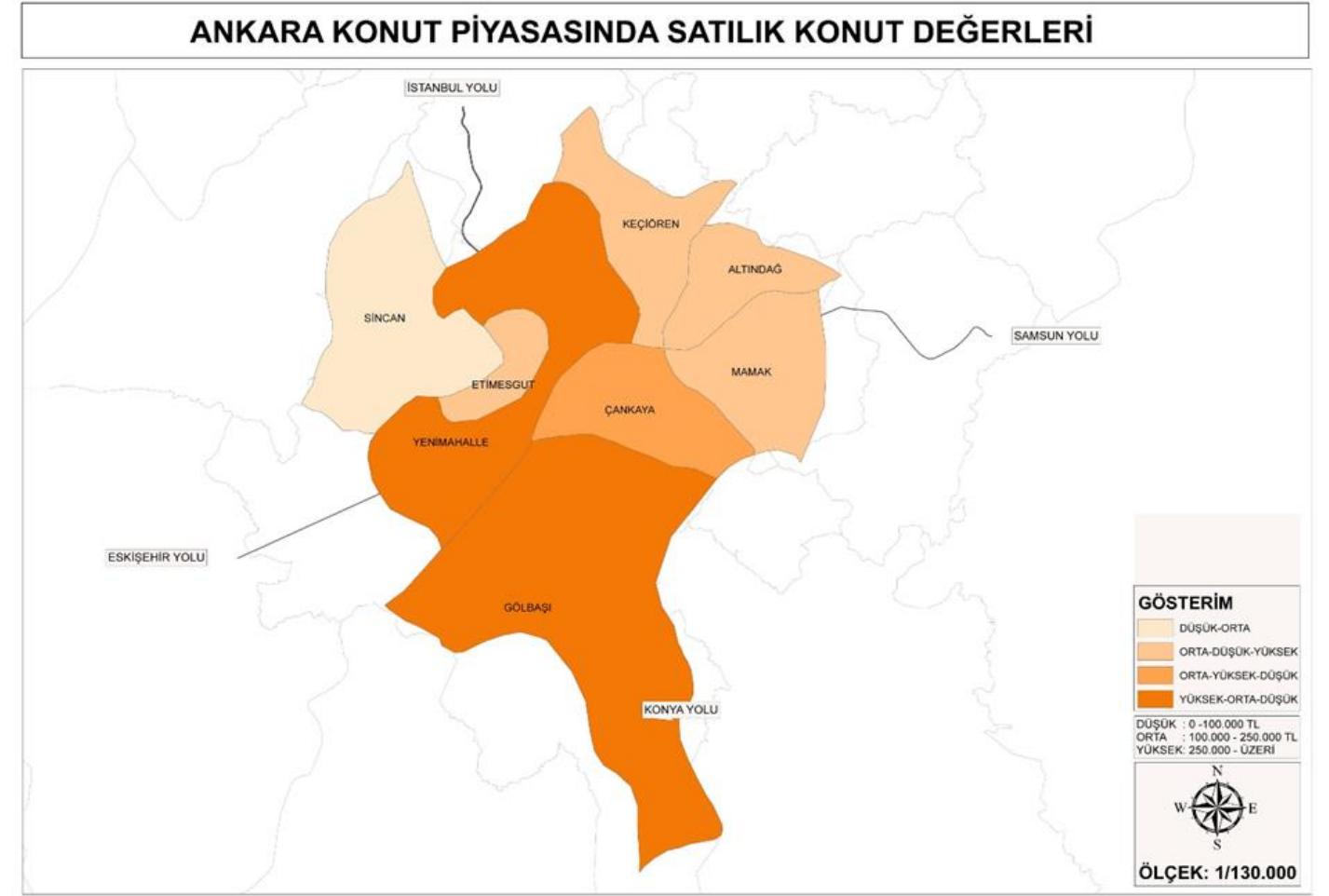Satilik *Dtistik-100binTL’den az *Orta-100bin-250bin TL *Ytiksek-250bin TL iizeri Harita 1. Ankara konut piyasasinda satilik konut degerleri  lasi yliksek degerlere sahiptir. Cankaya’da orta-yiiksek, Gdlbasi ve Yeni- mahalle’de ise yiiksek-orta degerler agirlikh olmaktadir (Harita 1). Mamak ve Altindag’da yiiksek degerli satilik konut oranlari oldukca diistik iken Kecidren ve Etimesgut’ta belli oranlarda yer almaktadir. Kiralik konut degerleri acgisindan degerlendirildiginde Mamak, Altindag, Kecidren ve Etimesgut’ta kiralik konutlarm neredeyse tamami diistik ve orta degerlere sahiptir. Yenimahalle, Golbasi ve Cankaya’da orta kiralik konut degeri %65'in uzerindeyken, yiiksek kiralik konut degeri Cankaya’da %32, Gol- basi’nda %22 ve Yenimahalle’de %14’tiir (Harita 2.). 