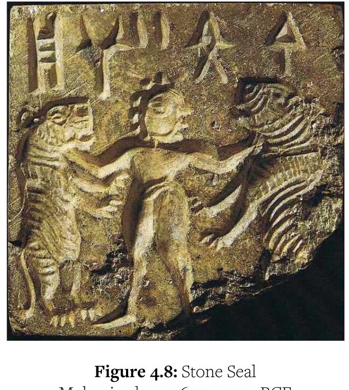 The Harappan culture sprang up along the Indus river in Pakistan and is considered the oldest civilization of south Asia. Many of the goods produced there show evidence of cultural exchange with Mesopotamia, and the tiles in Figures 4.8 - 4.10 show that the motif had also spread to the to the Indus Valley by ca. 2600. Of particular interest is the seal in Figure 4.8, which 