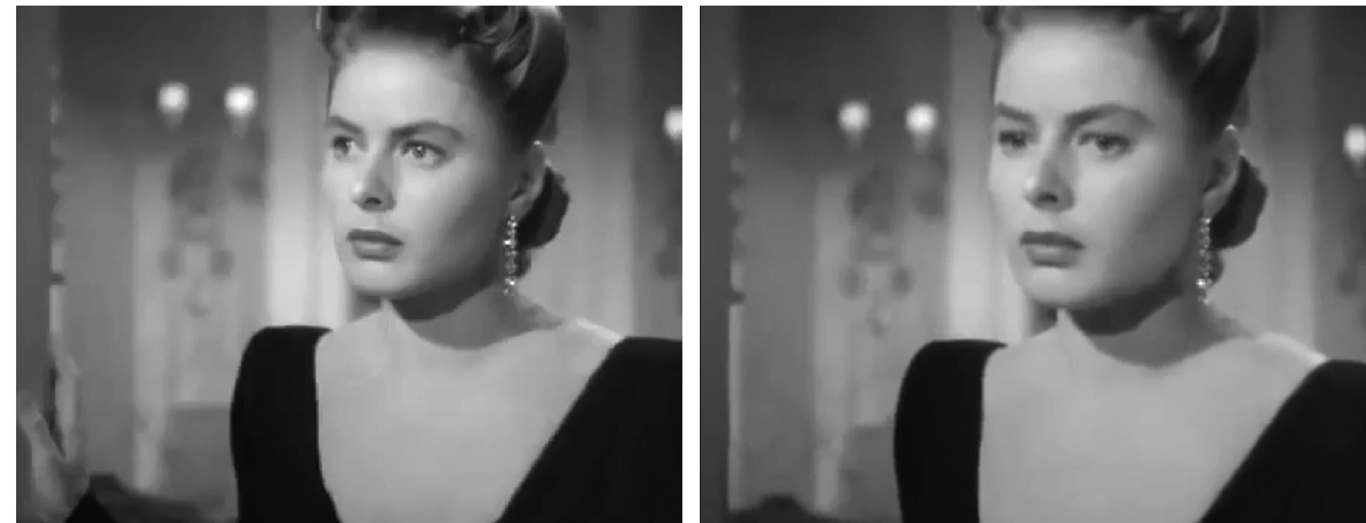 Figure 2. In this brief (thirty-five frames) close-up just before the camera moves forward toward the keys in Notorious (RKO Radio Pictures, 1946), Alicia (Ingrid Bergman) also moves forward and, in the last three frames, drops her eyes down toward the keys. Her movement cues our ES response to the camera's move in the next shot. It is worth noting that the last frame of this close-up (2b) is, com- pared to the first frame (2a), slightly out of focus. This indicates that the director and cinematogra- pher didn’t necessarily intend or plan for this move forward. The editor Theron Warth’s decision to put it in reveals something about his thinking. For him, phrasing of the movement trajectory across  shots is more important than perfect focus.  keys in Notorious (RKO Radio Pictures, 1946), Alicia (Ingrid Bergman) also moves forward and, in the 