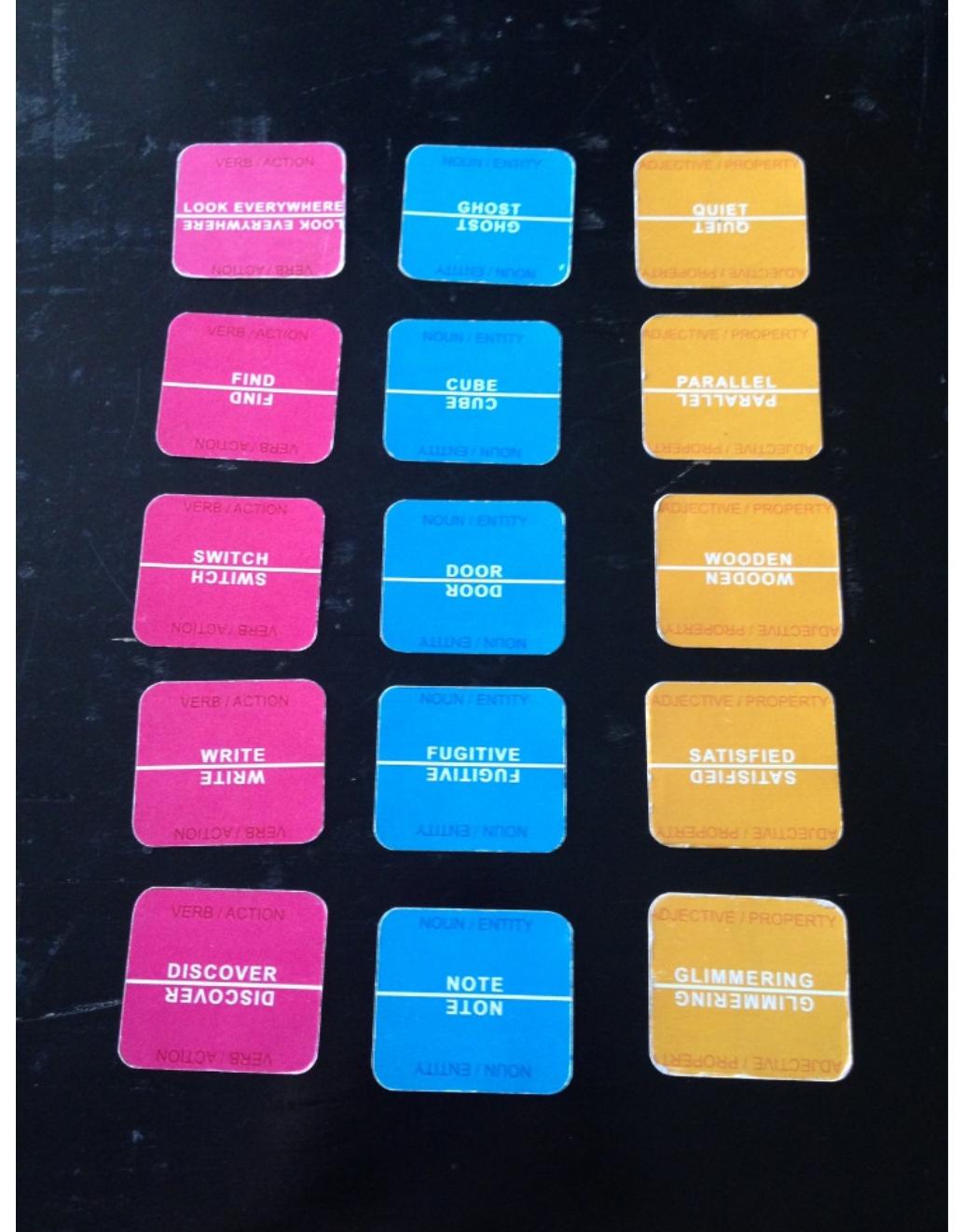 Figure 2: All the cards from the experiment in order from top to bottom and left to right. Round 01: look everywhere-ghost- quiet; Round 02: find-cube-parallel; Round 03: switch-door- wooden; Round 04: write-fugitive-satisfied; Round 05: discover-note-glimmering.  The experiment yielded 100 ideas, five from each pair. The final descriptions of the ideas recorded by the researcher and co-editec by the participants varied from 23 words to 238 words. Some ideas were discussed and recorded in Finnish, some in English depending on the participants’ language. Most of the idea descriptions featurec one single idea, whereas some of the ideas were branching intc parallel ideas. 