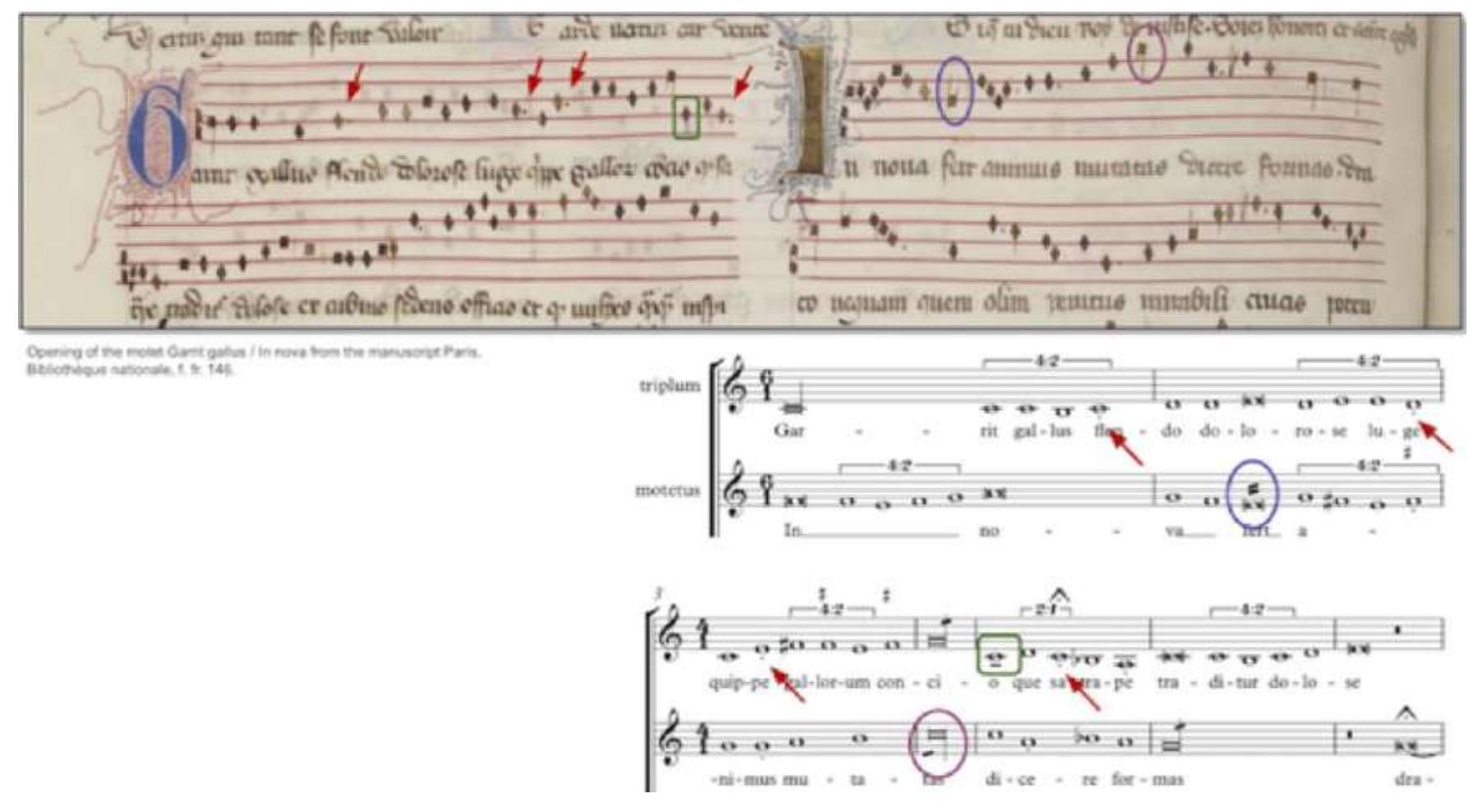 Fig. 3: Martha Thomae and Karen Desmond Sibelius workaround.  kind of notation, they devised a workaround by using articulation marks not present in mensural notation that were used to denote specific mensural features. Then, after using  the SibMEI Sibelius plugin* to export MEI format, a script was developed to replace those marks with the expected mensural property (see Fig. 3). 
