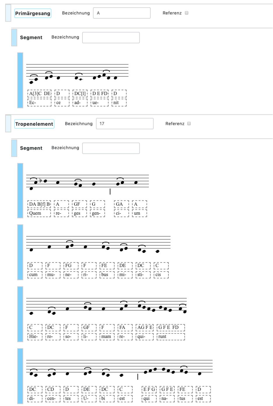 Fig. 2. The graphical user interface representing the structure of the chant. Every component with a context menu (the blue box on the side) can be relocated via drag and drop.  Proceedings of the 2"¢ International Workshop on Reading Music Systems, Delft, 2019 