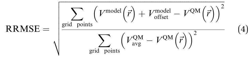 The RRMSE quantifies the fraction of electrostatic potential variations that are not described by the model. For example, an RRMSE = 0.1 means that 90% of the electrostatic potential variations are captured by the model and 10% are not. This RRMSE definition was used in several prior studies’°**? co- authored by one of us and differs from the even earlier litera- ture®®°? by including the potential offsets in this RRMSE defi- nition. These potential offsets must be included in the RMSE and RRMSE definitions, because in periodic materials the electrostatic potential has no obvious spatial position where it approaches zero value and the energy of a system having no net charge is invariant to a constant electrostatic potential shift.  The relative root mean squared error (RRMSE) is the ratio of the electrostatic model's RMSE to the RMSE of a null model for which vrull_model(52) = 0.°%1 Note that voylmodel equals the average of V2™(7) over the RMSE grid points, vee. Therefore, 