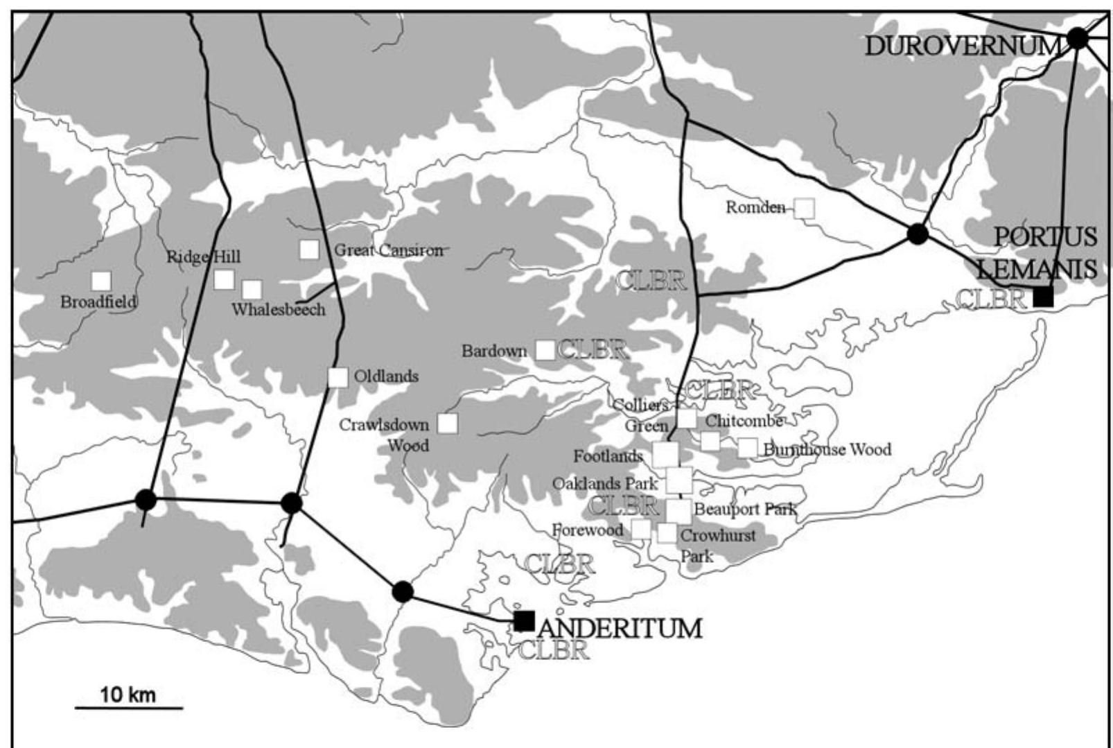 Fig. 13.5: Major Roman iron sites in the Weald with sites of Classis Britannica tiles. 