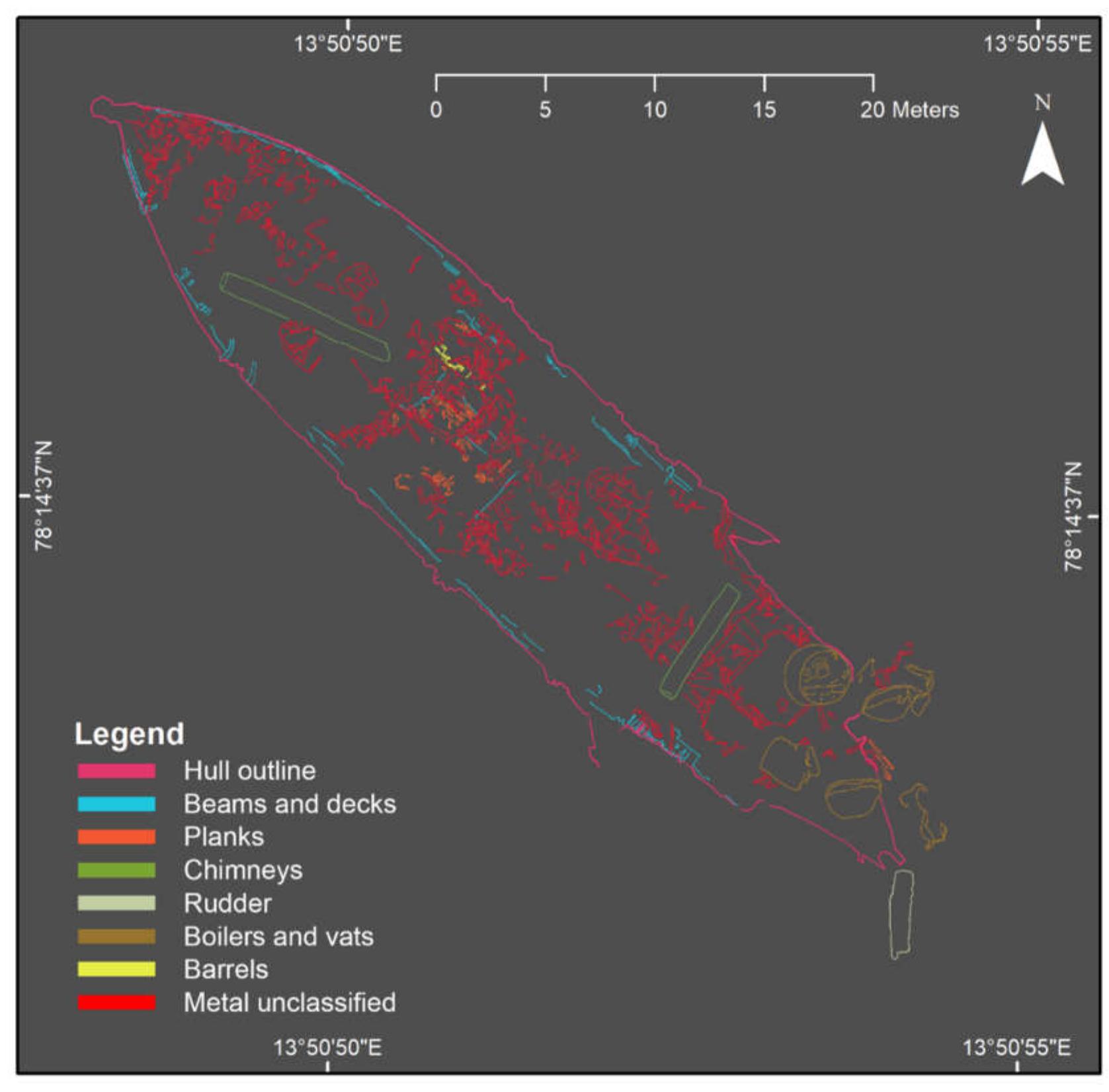 Figure 9. Site plan of the Figaro wreck based on the photogrammetry 3D model, stereo camera still images and high-definition (HD) video. The figure was generated in ArcMap (v. 10.6; Esri Inc., Redlands, USA; http://desktop.arcgis.com/en/arcmap/). Projection: UTM 33, Datum: WGS 1984.  