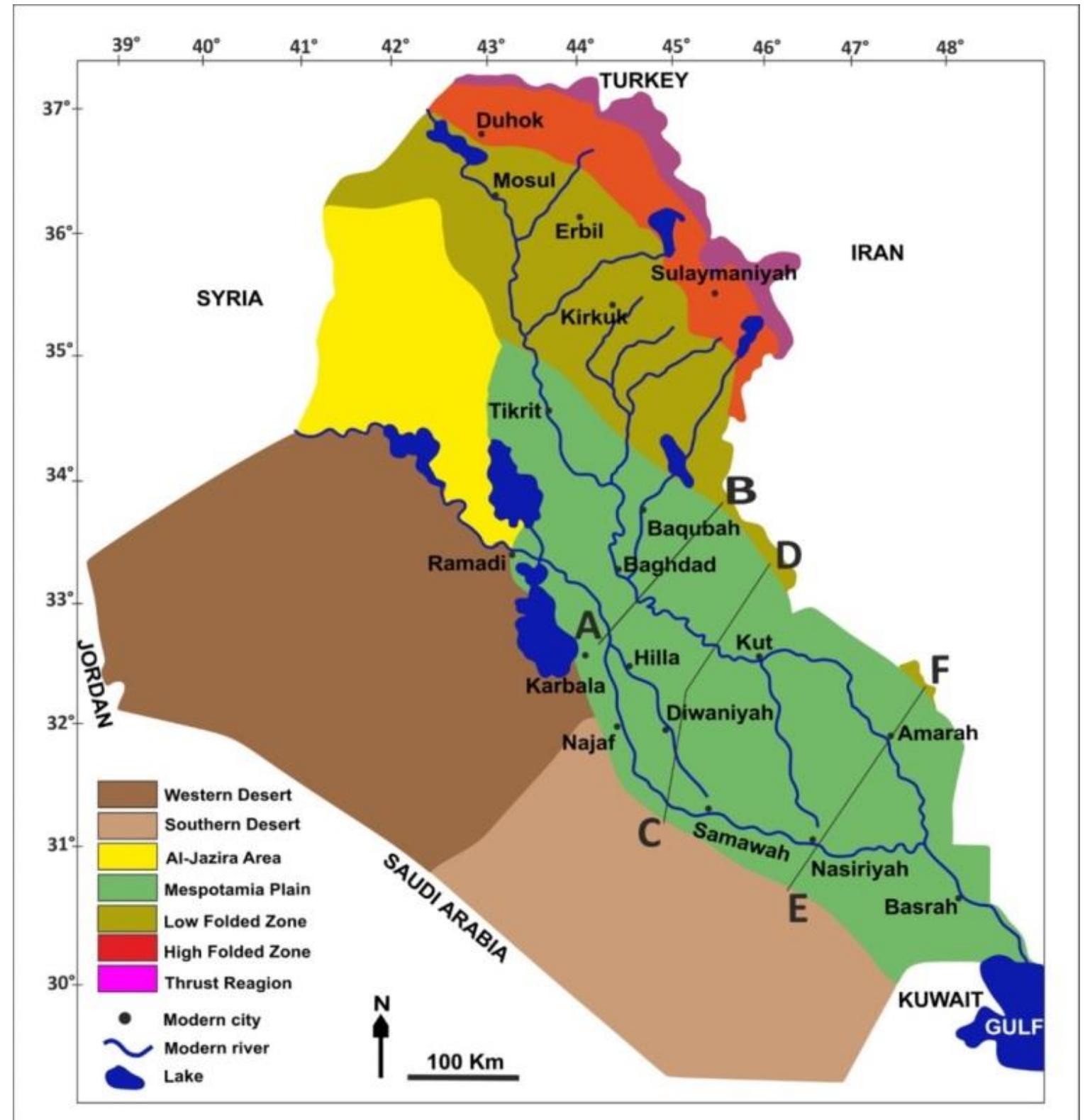 Figure 1.1: General tectonic map of Iraq showing location of the Mesopotamian floodplain amongst others tectonic regions. Modified after Yacoub (2011).  here because they may have different meanings in other literature.  Mesopotamia: The term “Mesopotamia” was first used by the ancient Greeks to refer to the land that hosted the world’s first civilization lying between the Tigris and the Euphrates. As generally used, the term covers Iraq, northeastern Syria, southeastern Turkey and the lowlands of southwestern Iran. However, in the present study, only the floodplain of South Mesopotamia, referring to the alluvial plain of the Tigris and the Euphrates and their distributaries which covers  most of the central and southern parts of Iraq, is considered. The area of this floodplain (Figs. 1.1 and 1.2) is approximately 116,000 km? in which the local economy was / is based upon channel- fed agriculture, while North Mesopotamian communities were reliant upon rain-fed agriculture. 