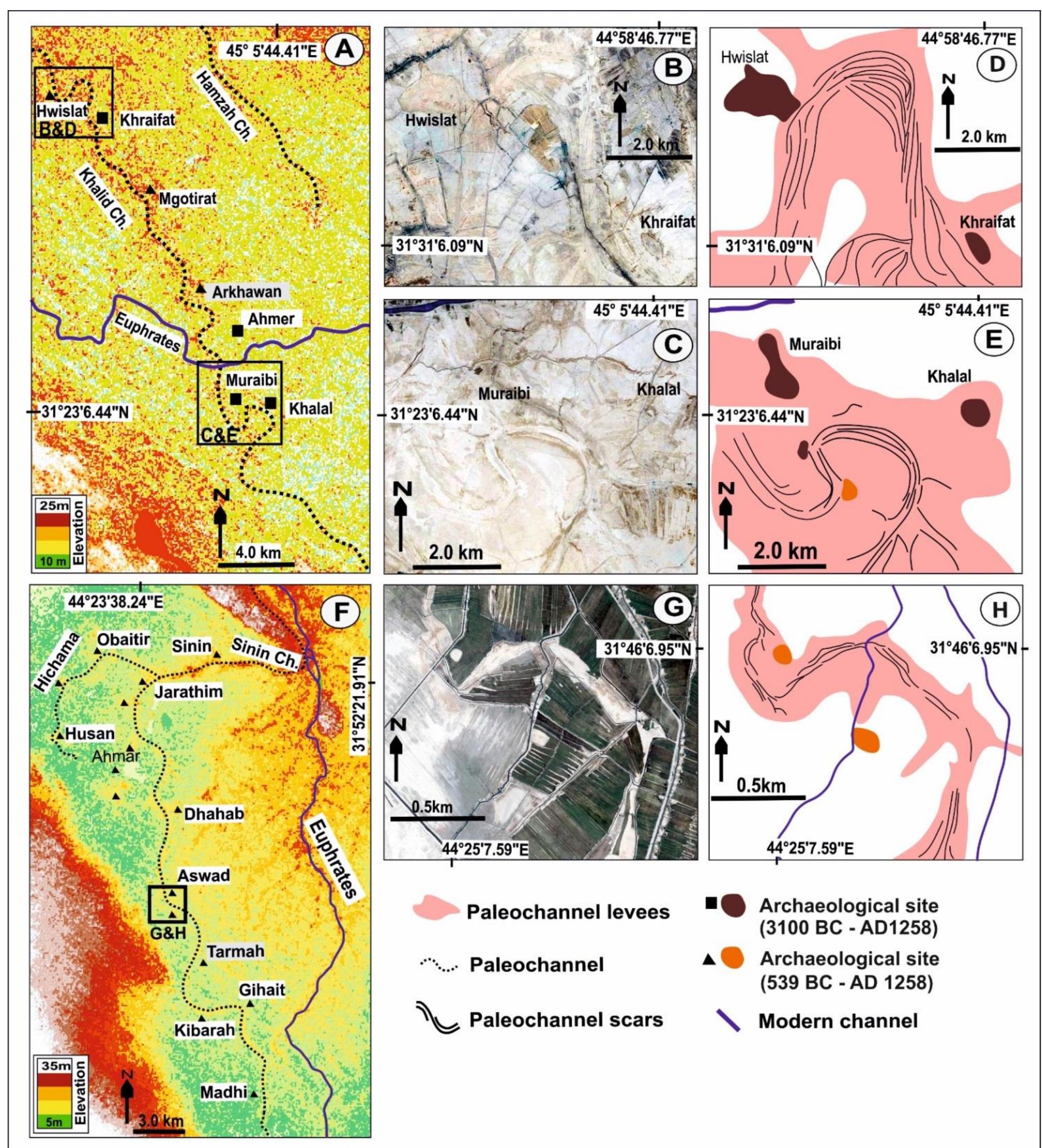 Figure 3.14: SRTM data (A) for the south part of the study area showing how palaeochannel levees are elevated in relation to the surrounding floodplain. QuickBird images (B & C) and interpretations of surface feature (D & E), respectively. SRTM data (F) for the west part of the study area showing palaeochannel levees. QuickBird image (G) and interpretations of the surface features (H). 