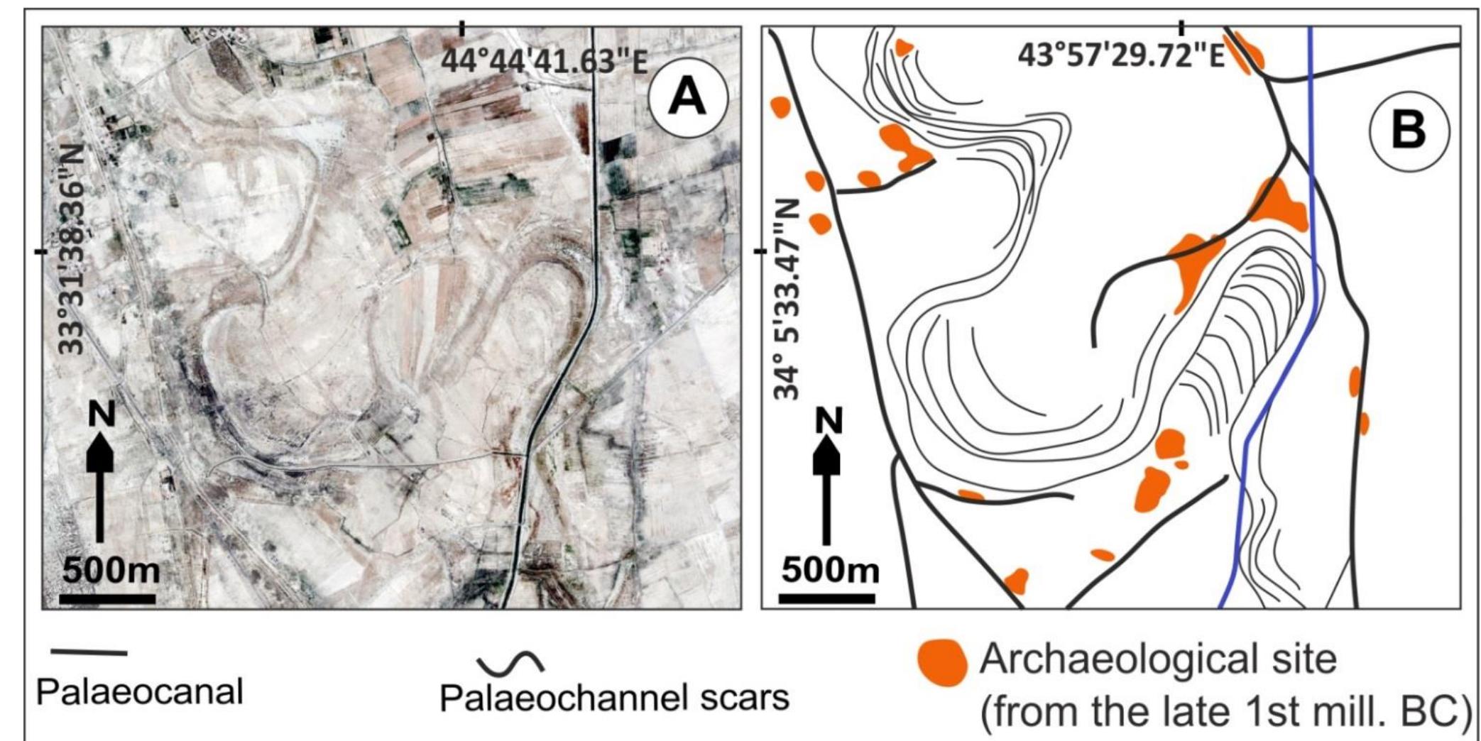 Figure 4.26: QuickBird image showing scars of the ancient course of Diyala river. (B) Tracing of surface features including palaeochannel levees, scars and archaeological sites. 