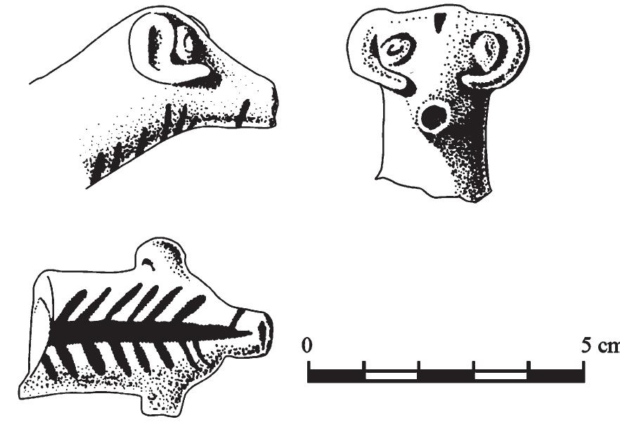 Fig. 17.3. Ram head-shaped spout of a vessel (RS 84.5105), painted pottery, Ras Shamra, ‘Centre de la Ville’, Late Bronze Age (© Mission of Ras Shamra, after Monloup 1987). 