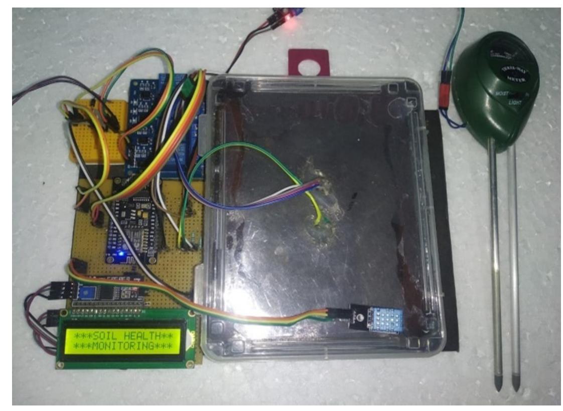 Figure 3: Experimental setup of soil nutrient checkup  In addition to macronutrients, DHT11 which is Humidity and Temperature Sensor, which generates calibrated digital/Analog output by interfacing with NodeMCU, gives data of soil humidity and soil moisture is measured with the help of the Soil moisture sensor and the pH is measured with the help of the pH sensor. Experimental setup is shown in Figure 3. 