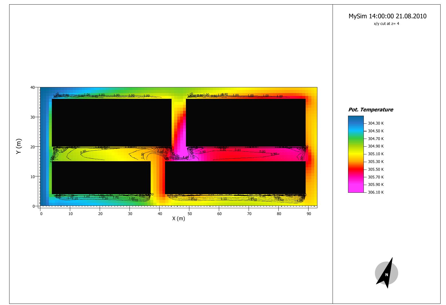 Sr soe  Figure 5.14. The thermal distribution of the vegetation strategy containing no trees at 14.00 on the 21 of August. 