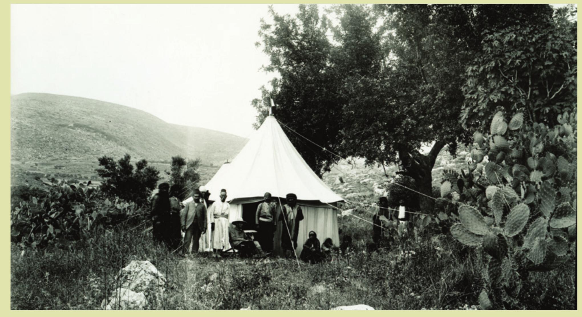FIG. 4  Tent of the 1903 Thiersch-Holscher expedition, pitched near Kefr ‘Anan. The seated man in front of the tent has been identified as Gustav Holscher. (Archive of the Deutsche Orient-Gesellschaft, Berlin.) 