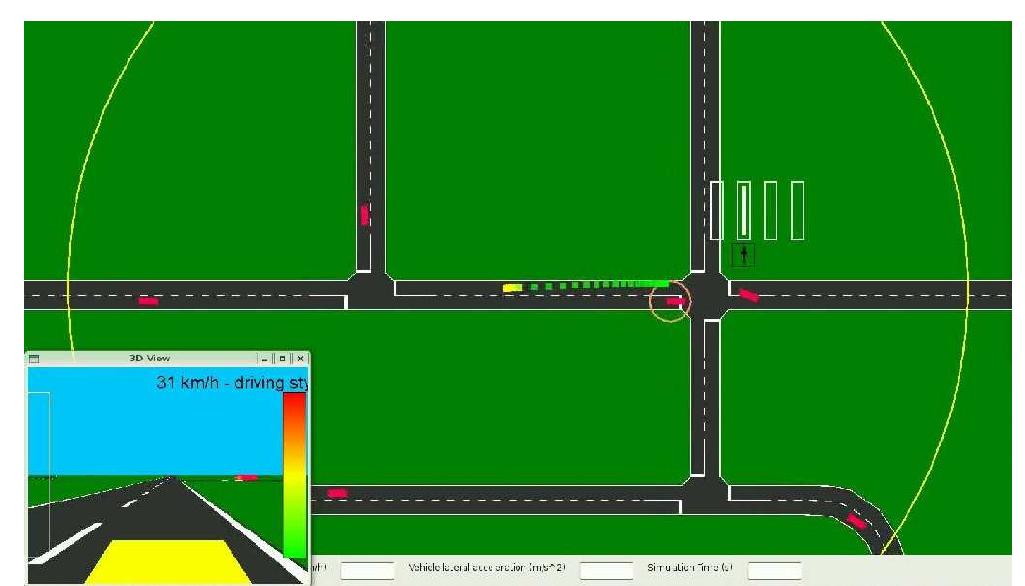 Figure 13: Virtual environment of the TME simulator.  The TME simulator provides a 3D road view for the driver and a 2D view of the road network, as shown in Fig. 13. The collision risk is calculated for a yellow vehicle, while other vehicles are shown by red rectangles (relevant area is inside a large yellow circle). The right-hand traffic rule is assumed. The trail behind the yellow vehicle in 2D view indicates the risk levels estimated previously. At each instant, the probabilities of the possible behaviors of the nearest neighbor (red vehicle) are estimated by the layered HMM and are displayed by the vertical white bars. The speed of the yellow vehicle is shown in 3D view, where the right-side vertical bar shows the risk encoding by color from “low” (green) to “high” (red). The left-side vertical bar in 3D view indicates the current risk value for the yellow vehicle.  