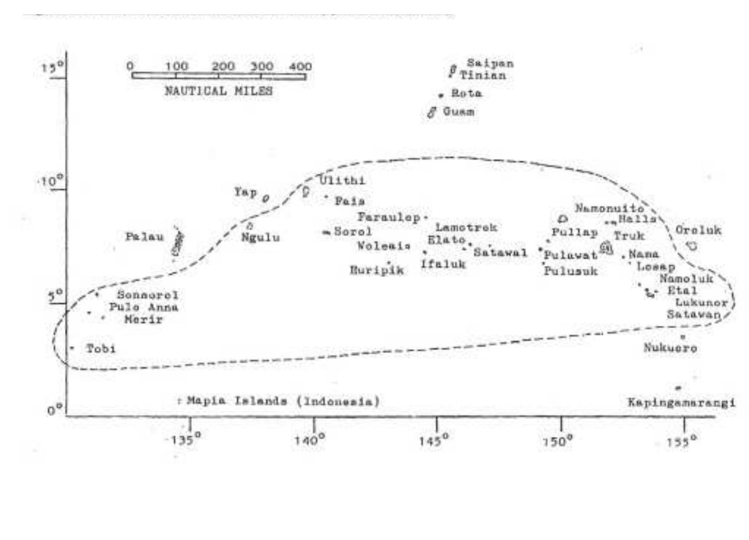 Figure 1. Boundaries of the Chuukic continuum (Quackenbush, 1968)  Republic of Palau; Sonsorol, Pulo Ana, Merir and Tobi (Matsumoto and Britain, 2006: 131)  Although in the past the Southwest islands exhibited high numbers of population (van 