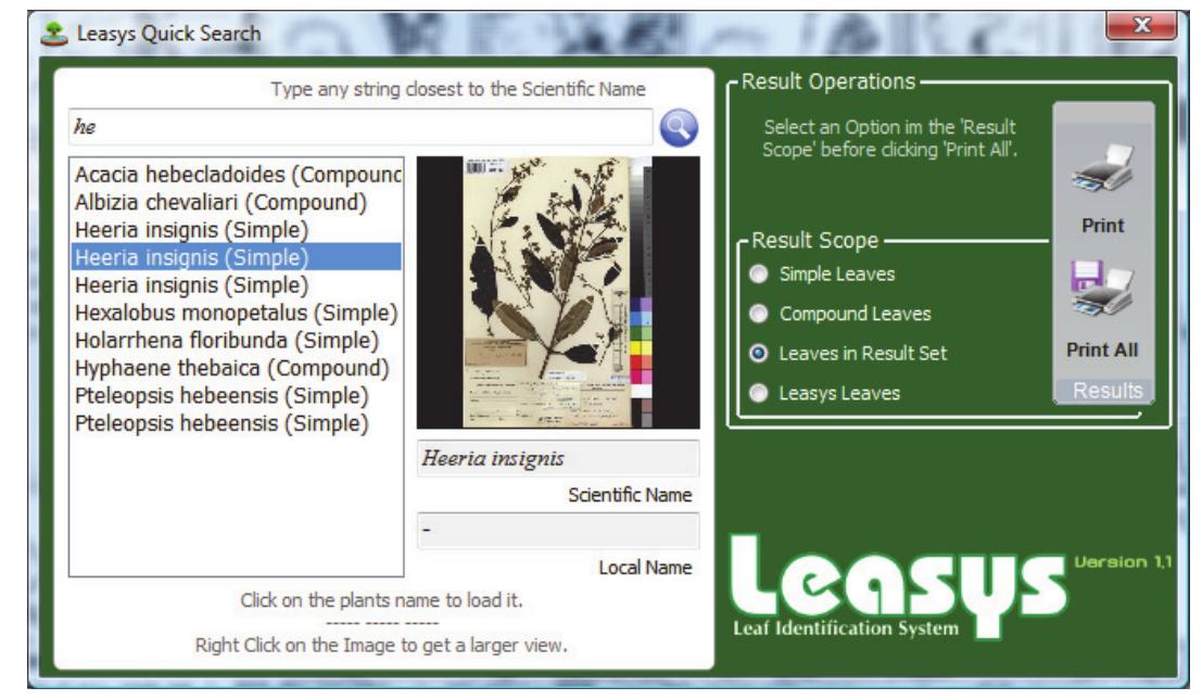 Following the normal left to right direction, one can start by entering the supposed scientific name in the text area. Leasys automatically searches the database and retrieve the results as shown in Figure 12. The right hand part of the module displays two operations namely the Print button which allow you to prints the details of the currently selected plant, but the Print All button prints the selected result Scope. 