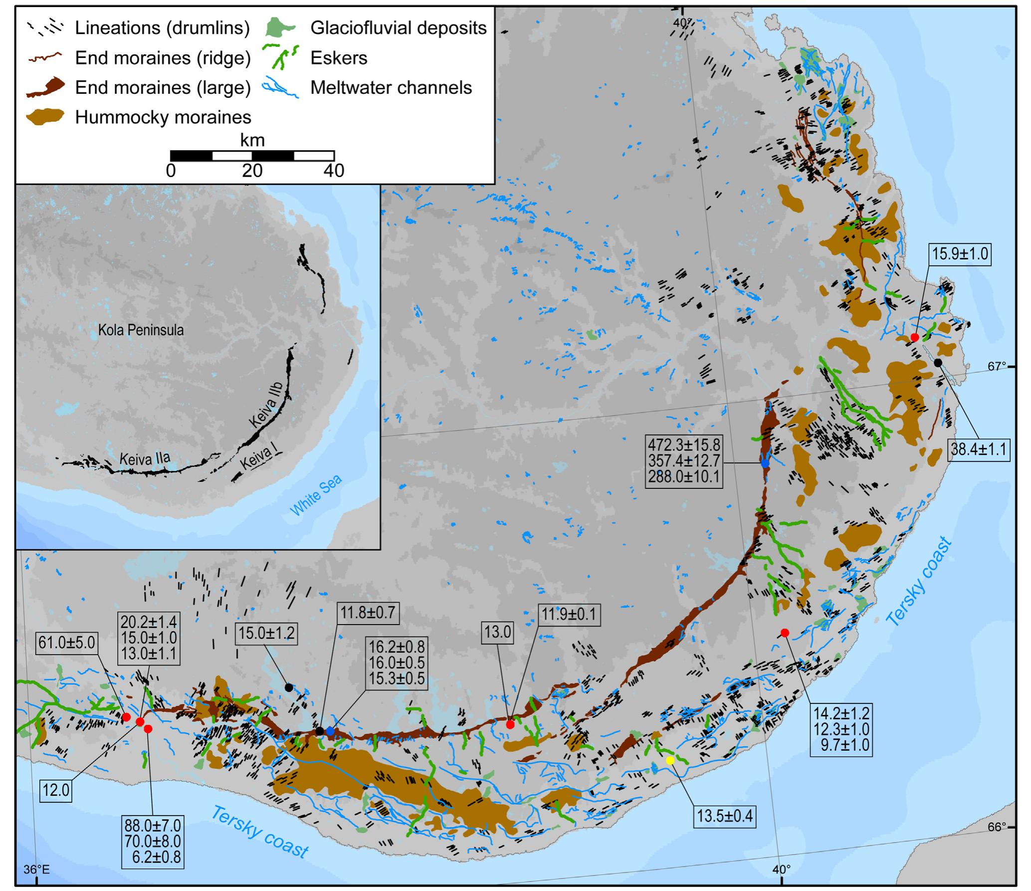 y. 10. The glacial geomorphology of the Keiva Ice-marginal Zone on the eastern Kola Peninsula (modified from Hattestrand and Clark, 2006a; Hattestrand et al., 2007). Th sitions of numerical dates included in Data S1 in the Supplementary Materials are also shown. 